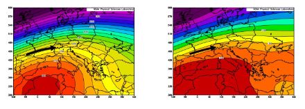Geopotential zwischen dem 20. Dezember 2022 und dem 2. Januar 2023 auf 500 hPa (links) und 850 hPa (rechts). Beide Abbildungen zeigen eine antizyklonal gekrümmte (hochdruckbestimmte) West- bis Südwestlage, welche das milde Wetter in der Schweiz bewirkte. Die schwarzen Pfeile deuten die Windrichtung an.