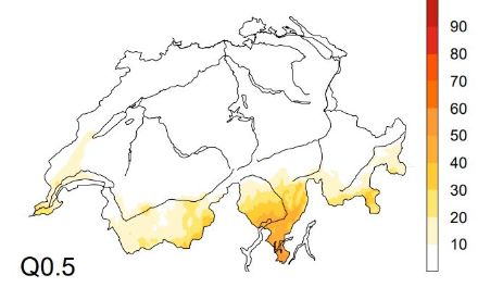 Zentralwert der relativen Sonnenscheindauer aller Tage mit zyklonalen Ostlagen auf 500 hPa in den Wintermonaten Dezember, Januar und Februar in den Jahren 1981 bis 2010. Sonnige Abschnitte sind vor allem auf der Alpensüdseite sowie im Wallis zu erwarten.