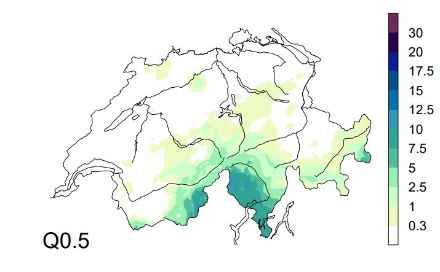 Zentralwert der täglichen Niederschlagsmenge [mm] aller Tage mit zyklonalen Südostlagen auf 500 hPa in den Wintermonaten Dezember, Januar und Februar in den Jahren 1961 bis 2010. Die grössten Niederschläge fallen - nicht unerwartet - im westlichen Tessin und in der Simplonregion. Weniger zu erwarten ist hingegen das lokale Maximum im Münstertal, auf welches weiter unten noch eingegangen wird.