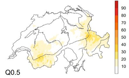 Zentralwert der relativen Sonnenscheindauer aller Tage von zyklonalen Südostlagen auf 500 hPa in den Wintermonaten Dezember, Januar, und Februar in den Jahren 1981 bis 2010. Die Sonne scheint im Gegensatz zu zyklonalen Ostlagen nicht auf der Alpensüdseite, sondern hie und da in Nordbünden und im Zentralwallis.