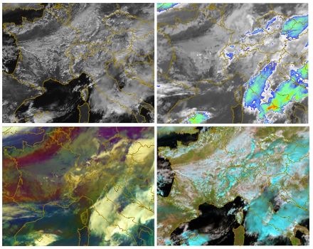 Wolken über Europa am 25. September 2022 gegen Mittag. Auf den 4 Bildern sehen die Wolken jeweils anders aus. Ein Astronaut in der Raumstation sieht alle Wolken in Weiss, während Satellitenbilder mehr Unterschiede zeigen. 