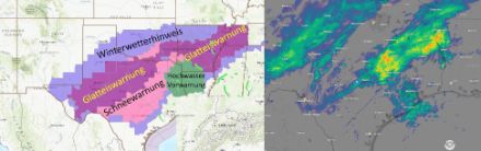 Links: Die Warnkarte im Süden der USA von NOAA am 01.02.2023 um 12 UTC. Als Grössenvergleich unten rechts die Schweiz. Rechts: Die Situation um 12.30 UTC auf dem Niederschlagsradar.