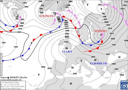 Bodendruckprognose mit Fronten für heute Mittag um 12 UTC.