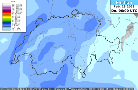 Simulierter Niederschlag aus dem Ensemble Modell des ECMWF. Es werden zwar bis Donnerstagvormittag nur wenige mm Niederschlag fallen. Jedoch reichen bereits wenige mm um die Atmosphäre effektiv von Aerosolen zu reinigen.