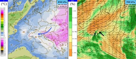 Wettersituation am Dienstag, 7. Februar 2023, 3 UTC gemäss dem Wettermodell IFS HRES vom ECMWF. Links: Temperatur auf 850 hPa (auf etwa 1500 m ü.M.) überlagert mit dem Luftdruck auf Meereshöhe. Rechts: Relative Luftfeuchtigkeit und Wind auf 700 hPa (auf etwa 3000 m ü.M) und Geopotential auf der 500 hPa Druckfläche (auf etwa 5500 m ü.M.). 