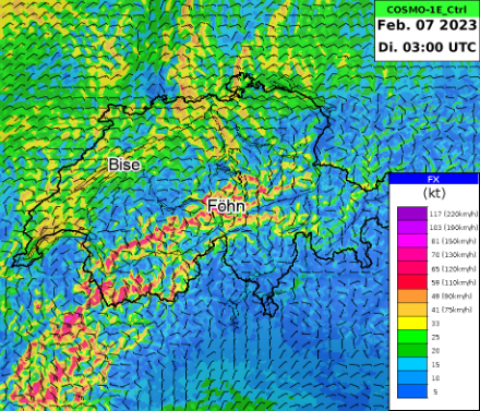 Böenspitzen überlagert mit Windfiedern aus dem Wettermodell COSMO-1E für den Zeitpunkt Dienstag, 7. Februar 2023, 3 UTC. Im Mittelland ersichtlich ist die kanalisierte Bise und über den Alpen der Südföhn. 