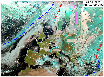 Satellitenbild überlagert mit Luftdruck auf Meereshöhe am Montag, 6. Februar 2023, 12 UTC. Am Montag lag ein Hochdruckgebiet nordwestlich der Schweiz über den Britischen Inseln, womit sich im Mittelland eine Bisenlage einstellte. 