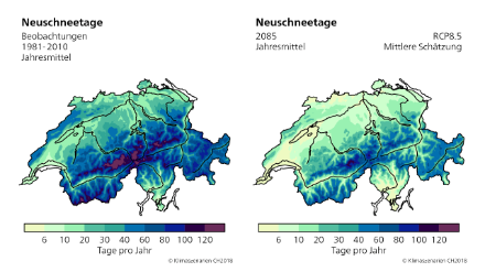 Karten der mittleren Anzahl Neuschneetage pro Jahr für die Periode 1981-2010 und 2070-2099.