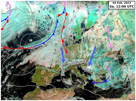 Wettersituation am 4. Februar 2023. Mistral, Bora und Nordföhn traten an diesem Tag gleichzeitig auf. Vom 3. bis 5. Februar 2023 wehte im unteren Rhonetal ein zeitweise stürmischer Mistral. In der Provence bewegten sich die Böenspitzen bei 80 bis 110 km/h. An diesen Tagen stellte sich auf der Alpensüdseite auch eine Nordföhnlage ein, wobei die Temperatur im Tessin auf sehr milde 19 Grad stieg. Weiter im Osten hatte sich zugleich zwischen dem Hoch über Westeuropa und einem kräftigen Tief über Südosteuropa eine stürmische und kalte Bora etabliert.