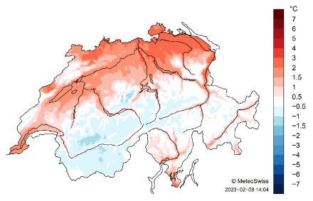 Schweizerkarte zur Temperatur im Januar 2023.
