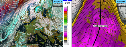 Wetterlage am Dienstag, 14. Februar 2023. Links: Satellitenbild überlagert mit Luftdruck auf Meereshöhe. Rechts: Temperatur und Geopotential auf der 500 hPa Druckfläche gemäss dem Wettermodell IFS HRES.