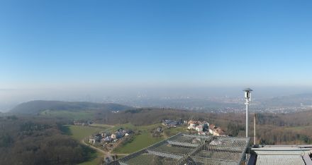 Blick von St. Chrischona Richtung Westen auf das dunstige, aber nebelfreie Basel.