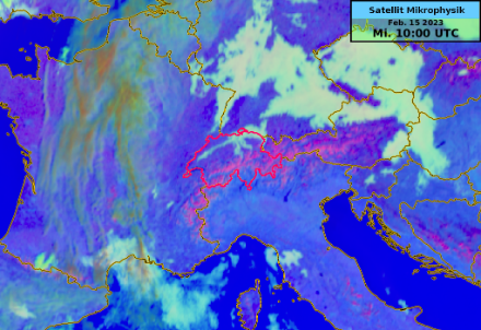Das (flache) Nebelmeer am Mittwochvormittag, gesehen vom Meteosat-Satelliten aus 36.000 km Höhe. Tiefe Bewölkung und Nebel wird in diesem Kanal weiss bis helltürkis dargestellt.