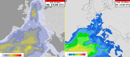 Saharastaub-Konzentration (links) und Staub am Erdboden (rechts) am Mittwoch, 22.02.2023 um 16:00 Uhr nach dem CAMS-Aerosolvorhersagemodell. 