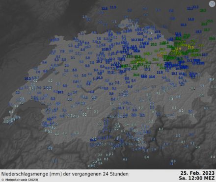 Grafik mit 24h-Niederschlagssummen in der Schweiz und im nahen Ausland.