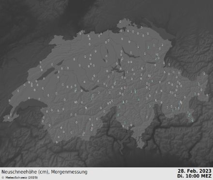 Neuschneehöhen 28. Februar 2023 um 7 Uhr. Mickrige 1-3 cm fielen stellenweise in den östlichen/südlichen Schweizer Alpen. 