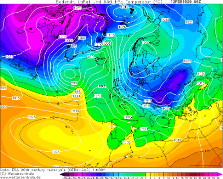 Bodendruck [hPa] und Temperatur [°C ] auf 850 hPa am 12. Februar 1929 06 UTC. Aus Osten floss damals sehr kalte Luft zur Schweiz.