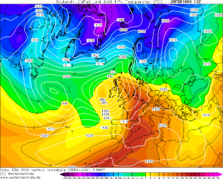 Bodendruck [hPa] und Temperatur [°C] auf 850 hPa am 29. Februar 1960 um 12 UTC. Damals floss aus Südwesten extrem milde Luft zur Alpennordseite.