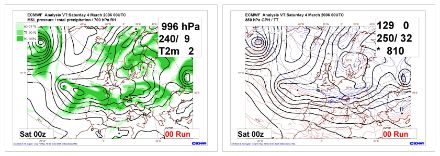 Analyse des ECMWF am 04.03.2006, 0 UTC: Bodendruck mit relativer Feuchtigkeit auf 700 hPa (links) und 850 hPa Geopotential mit Temperatur (rechts).