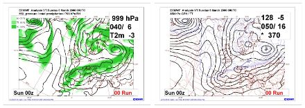 Analyse des ECMWF am 05.03.2006, 0 UTC: Bodendruck mit relativer Feuchtigkeit auf 700 hPa (links) und 850 hPa Geopotential mit Temperatur (rechts).