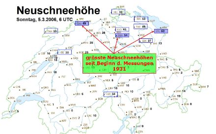 Gemessene Neuschneehöhe am 05.03.2006 um 6 UTC. Die Allzeit-Rekorde der drei Messungen Basel, Zürichberg (SMA) und St. Gallen haben noch heute ihre Gültigkeit.