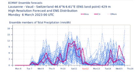 ECMWF-Ensemble-Prognosen für den Niederschlag in 6-Stunden-Schritten am Beispiel Lausanne. Jede Linie stellt eine Modellberechnung (mit leicht unterschiedlichen Anfangsbedingungen) dar. 