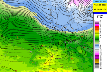 Vom ECMWF prognostiziertes (Modelllauf 6. März 2023, 00 UTC) Bodendruckfeld und Temperatur auf rund 700 bis 800 m ü.M. für den kommenden Mittwoch, 8. März.