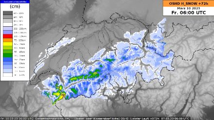 Neuschneeprognose über den 72-stündigen Zeitraum von Dienstagmorgen (7. März 2023) bis Freitagmorgen (10. März 2023).