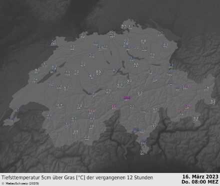 Schweizerkarte mit Tiefsttemperaturen in der Nacht auf Freitag, gemessen auf 5 cm über Grad.