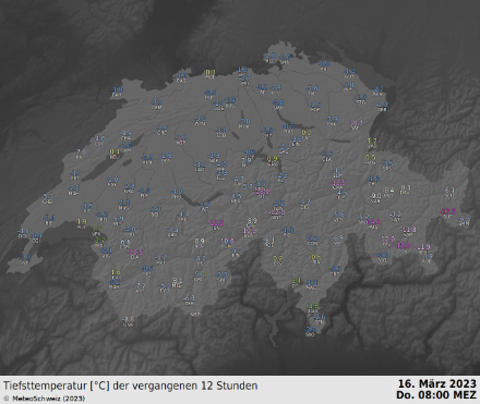 Schweizerkarte mit Tiefsttemperaturen in der Nacht auf Freitag, gemessen auf 2 m über Boden.