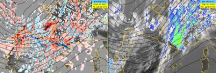 Vertikale Geschwindigkeiten auf 700 hPa mit 500 hPa Geopotential (links) und das Satellitenbild des Meteosat (Infrarotkanal) mit 500 hPa Geopotential am 17.03.2023 um 12 UTC.