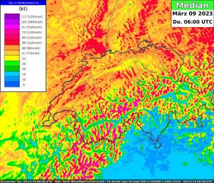 Die zu erwartenden Böenspitzen während der Nacht (Böenmaximum letzte 6 Stunden bis Do. 6 UTC) aus dem Wettermodell COSMO-1E. 