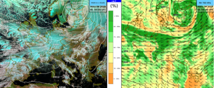 Wetterlage am Mittwochvormittag um 10 Uhr Lokalzeit. Links: Satellitenbild überlagert mit Luftdruck auf Meereshöhe. Rechts: Relative Luftfeuchtigkeit, Wind und Geopotential auf der 700 hPa Druckfläche vom Wettermodell IFS HRES.