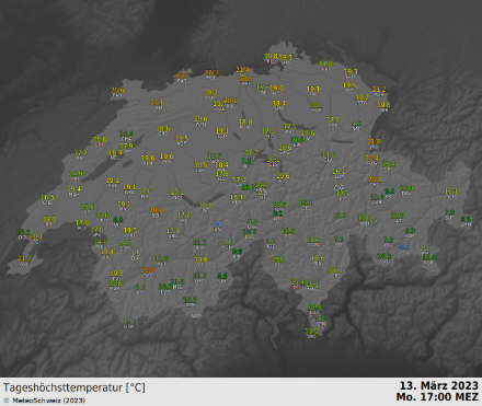 Heutige Temperaturmaxima an verschiedenen Messstationen bis 17 Uhr.
