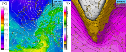 Wettersituation am Dienstag, 14. März 2023 um 13 Uhr Lokalzeit. Links: Äquivalent potentielle Temperatur auf 850 hPa und Luftdruck auf Meereshöhe. Rechts: Temperatur und Geopotential auf der 500 hPa Druckfläche.