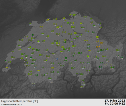 Swissmetnet: Tageshöchsttemperaturen bis 20 Uhr MEZ.