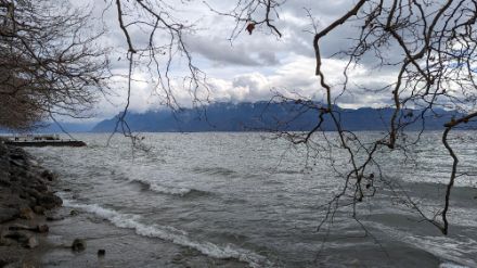 Wellen auf dem Genfersee, darüber wolkenverhangender Himmel.