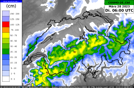 Vom Modell COSMO-2E berechnete Neuschneemengen zwischen Sonntagmorgen und Dienstagmorgen. 