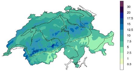 Mittlere tägliche Niederschlagsmenge (in mm) aller zyklonalen Westlagen in der Zeitperiode 1961-2010. Quelle: MeteoSchweiz