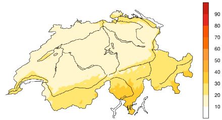 Relative Sonnenscheindauer (in %) aller zyklonalen Westlagen in der Zeitperiode 1981-2010. Quelle: MeteoSchweiz