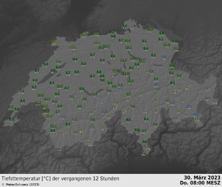 Tiefsttemperatur der vergangenen 12 Stunden bis am Donnerstagmorgen, 30. März 2023 um 08:00 Uhr (entspricht dem Zeitraum Vortag 18 UTC bis 06 UTC aktueller Tag).