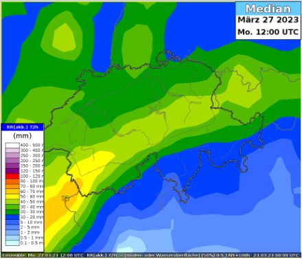 Prognostizierte Niederschlagsmengen (Median) des Europäischen Wettermodells über 72 Stunden von Freitagmittag bis Montagmittag. 