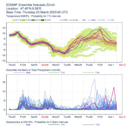 Ensemble-Prognosen des Europäischen Wettermodells für Luftmassentemperatur auf etwa 1500 Metern Höhe (oben) und Niederschlag (unten) für Zürich. 