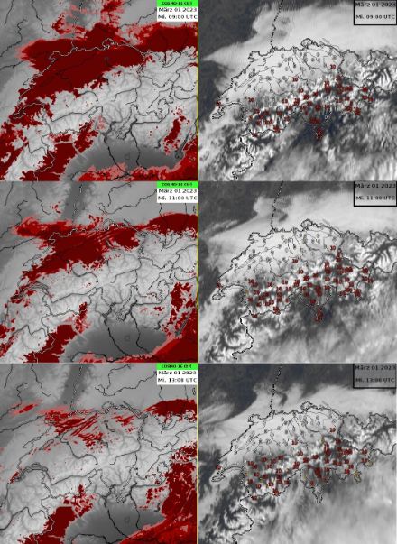 Vergleich der Prognose der tiefen Bewölkung (in rot) laut COSMO-1E Modell (links) und Realität (rechts), dargestellt mit Hilfe von Satellitenbildern und Stationsmessungen der Sonnenscheindauer (in rot, letzte 10 Minuten). Man erkennt die nur geringe Veränderung der Hochnebeldecke in der Realität, im Vergleich zum Modell, wo sich der Hochnebel fast vollständig auflöst.