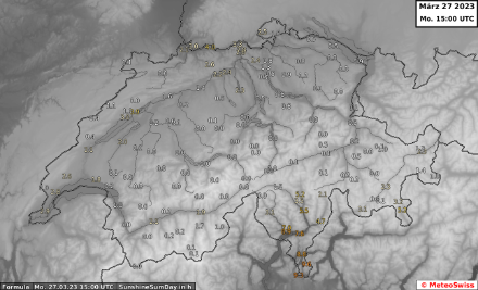 Sonnenscheindauer [h] in der Schweiz heute, den 27. März 2023, bis um 15 UTC. Viel Sonnenschein gab es nur im Südtessin.