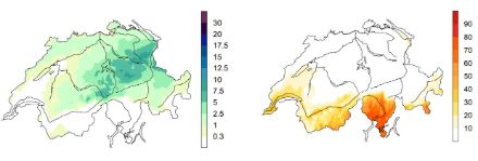 Bild links: Median der täglichen Niederschlagsmenge [mm] aller zyklonalen Nordlagen im Frühling in der Zeitperiode 1961-2010 (die Hälfte der 74 Fälle weisen kleinere Mengen auf). Bild rechts: Median der relativen Sonnenscheindauer [%] aller zyklonalen Nordlagen im Frühling in der Zeitperiode 1981-2010 (die Hälfte der 48 Fälle weisen kleinere Werte auf).