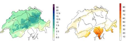 Bild links: Median der täglichen Niederschlagsmenge [mm] aller zyklonalen Nordwestlagen im Frühling in der Zeitperiode 1961-2010 (die Hälfte der 220 Fälle weisen kleinere Mengen auf).   Bild rechts: Median der relativen Sonnenscheindauer [%] aller zyklonalen Nordwestlagen im Frühling in der Zeitperiode 1981-2010 (die Hälfte der 121 Fälle weisen kleinere Werte auf).