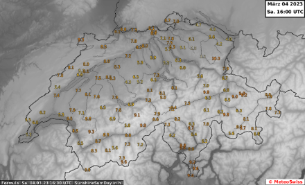 Sonnenscheindauer heute, den 4. März 2023, bis um 16 UTC. Heute zeigte sich wieder einmal in der ganzen Schweiz die Sonne.
