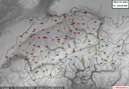 24-stündige Böenspitzen heute, den 31. März 2023, um 15:10 UTC.