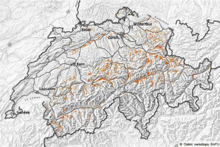 Darstellung der Wälder mit Totalschaden beim Sturm Vivian vom 27. Februar 1990. Betroffen waren unter anderem das Haslital, das Urner Reusstal, das Glarnerland und in Graubünden die Talschaften Surselva und Prättigau.